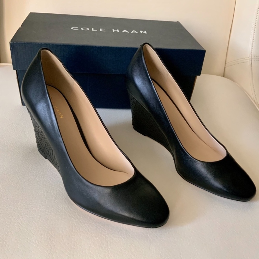 Cole Haan Marit Geo Wedge Heel Pump Black Leather - Picture 6 of 16